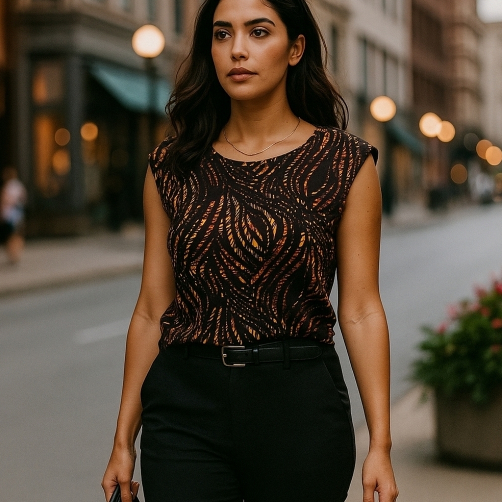 NWT Erin Blair/ Elegant Black and Brown Patterned Top/ Sleeveless/ Size US M